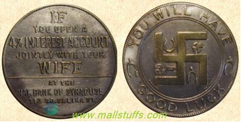 Swastika good luck coins of american insurance companies